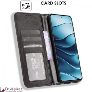 Dirbtinės odos atverčiamas dėklas su skyreliais - juodas (Xiaomi Redmi Note 14 4G)